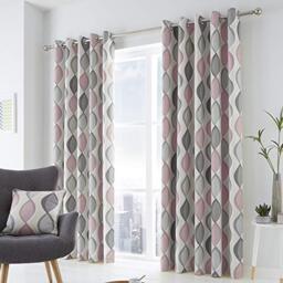 Fusion Lennox 100% Cotton Eyelet Lined Curtains, Grey/Blush, 46 x 72 Inch
