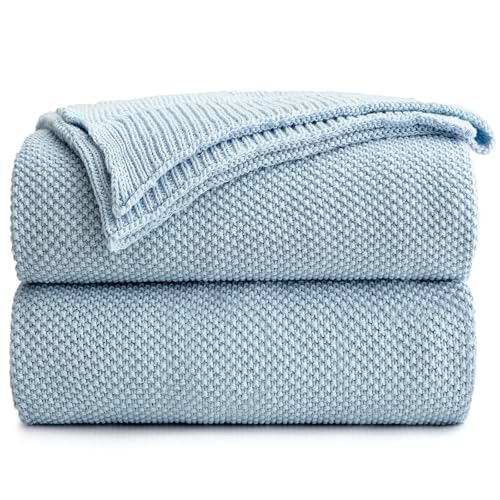 Longhui bedding 100% Cotton Light Blue Cable Knit Throw Blanket for Couch Sofa Bed Home Décor – Lightweight 50“ x 60”, Bonus Laundering Bag, Machine Washable