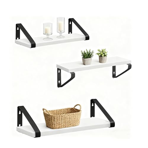 Relaxdays Wall Shelf Set of 3, Wood-Effect & Metal, for Books & Decor, 30/35/40 cm, White