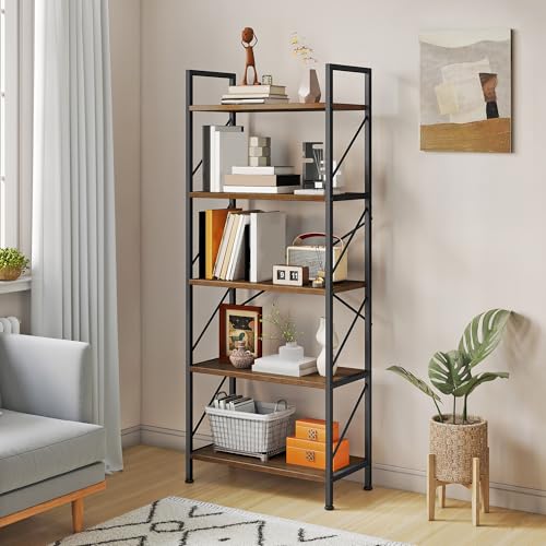 YITAHOME Bookshelf, 5 Tiers Bookcase Tall Book shelf with Metal Frame, Industrial Display Storage Rack, Shelving Units for Living Room Bedroom Home Office Kitchen, Rustic Brown Book Shelves