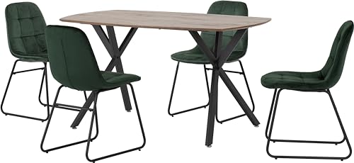 Seconique Athens Dining Table Set with 4 Lukas Dining Chairs in Medium Oak Effect/Emerald Green Velvet