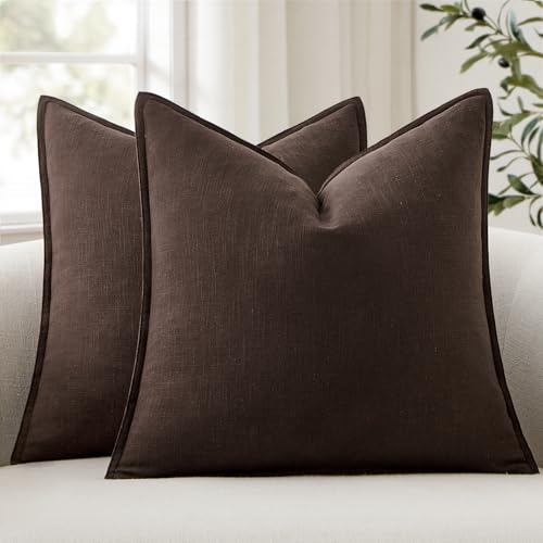 ANRODUO Pack of 2 Decorative Linen Pillow Covers Dark Brown Euro Sham Neutral Farmhouse Boho Soild Cushion Case Soft Accent Pillowcase for Couch Sofa Bedroom Living Room Home Decor 24 x 24 Inch