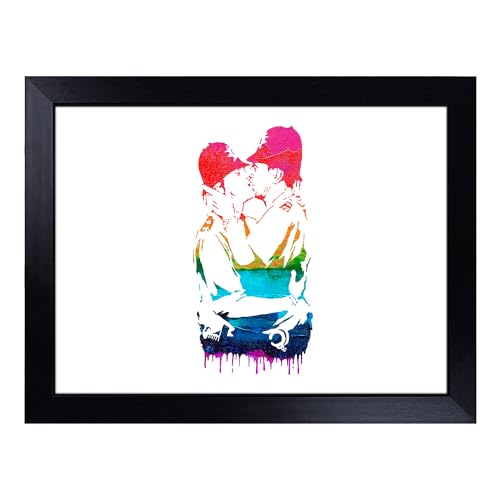 Lap Tray with Bean Bag Cushion, Banksy Kissing Policemen Graffiti - Handmade in the UK, Raised Wooden Edge, Padded Cushion, Heat-Resistant Wipe-Clean Surface, for Meals, Laptops and Crafts