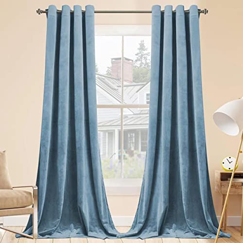"SMILETIME Sky Blue Velvet Curtains 52""x108"" Grommet 2 Panels - OEKO-TEX rust-proof grommets light filtering heat insulated noise reducing, living room bedroom study, machine washable"
