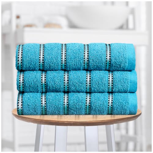 GC GAVENO CAVAILIA Striped Teal Hand Towels 50x90Cm - 3Pack Hand Towels For Bathroom Fast Dry & Highly Absorbent 600 GSM Towel Set - Super Soft, Hotel Quality Cotton Towels Sets For Spa Gym