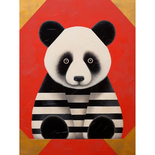 Artery8 Panda with Stripes Fun Kids Bedroom Baby Nursery Bright Bold Artwork Red Black White Large Wall Art Poster Print Thick Paper 18X24 Inch