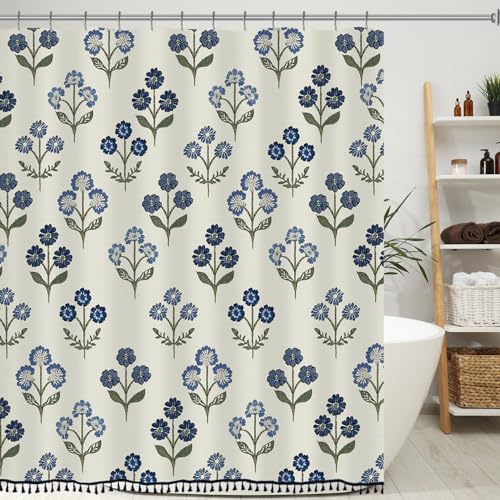 Longan Craft Boho Floral Shower Curtain with Tassels, Block Print Floral Blue Shower Curtain for Bathroom 72x72 Inch Waterproof Fabric with 12 Hooks Bohemian Country