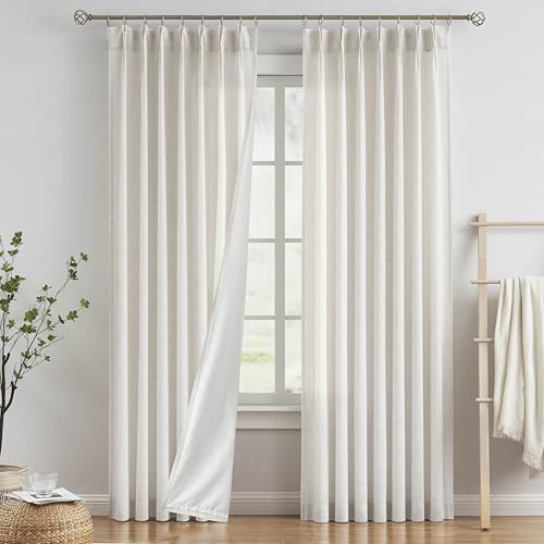 "Vision Home Natural Pinch Pleated Semi Sheer Curtains with Lined 112 inch Textured Linen Blended Light Filtering Pleat Drapes for Living Room Bedroom Back Tabs with Hooks 2 Panels 40"" Wx112 L"