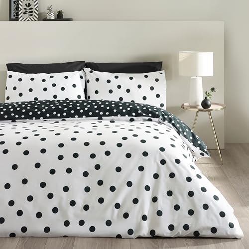 Catherine Lansfield Polka Dot Reversible Double Duvet Cover Set with Pillowcases Black/White