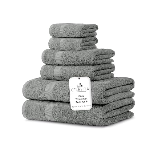 100% Combed Cotton Bathroom Towel Set of 6- 2 Bath Towels, 2 Hand Towels, 2 Wash Cloths, Sustainable, Soft, Highly Absorbent 6 Piece Cotton Bath Towel Set Ideal for Hotels, Spa, Bathroom, Dorm, Grey
