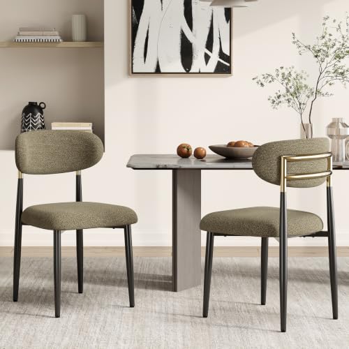 MALOL Dining Chairs Set of 2, Fabric Chairs for Dining Room with Metal Legs & Curved Backrest & Thick Cushion, Upholstered Kitchen Chair with Anti-Slip Pads, Brown