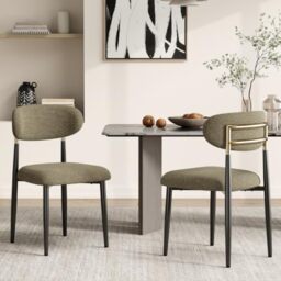 MALOL Dining Chairs Set of 2, Fabric Chairs for Dining Room with Metal Legs & Curved Backrest & Thick Cushion, Upholstered Kitchen Chair with Anti-Slip Pads, Brown