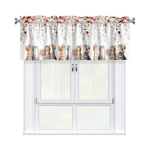 DZGlobal Floral Valances for Windows - Cute Cats Cafe Curtains Kittens with Flowers Short Curtains for Kitchen Living Room Bathroom Bedroom Basement