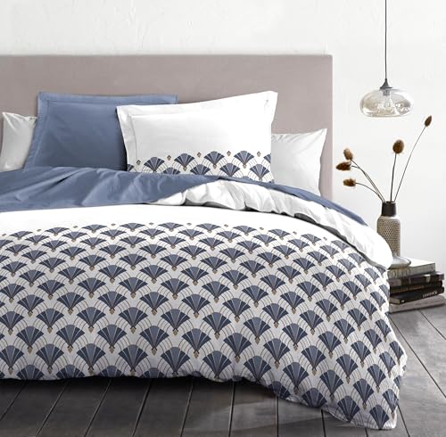 Duvet Cover Set 200 x 200 cm – 3 Pieces – Soft Cotton Percale – Duvet Cover + Pillowcases – White & Blue – L'Elegant