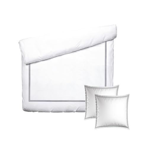 Pure Cotton 3-Piece Double Bed Linen Set – Duvet Cover 200 x 220 cm and 2 Pillowcases 80 x 80 cm – 100% Cotton Satin, 80 Thread Count – Oeko-TEX Certified – Calanques – Dark Blue and White