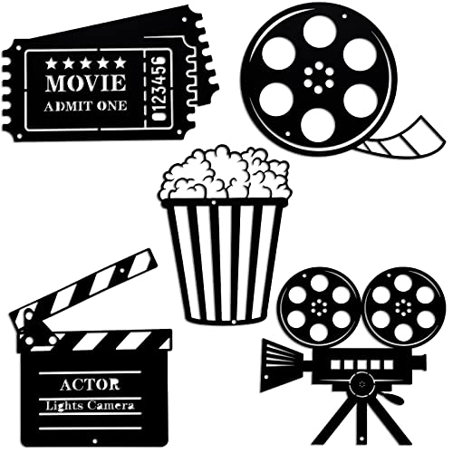 5 Pieces Movie Theater Decor - Cinema & Popcorn Wall Art Metal Movie Reel Wall Sign for Home Theater & Party Decor