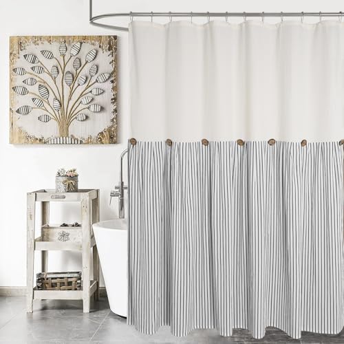DOSLY ID??ES Farmhouse Shower Curtain,Beige and Black Striped,Button Curtain,Spa Waffle and Cotton Woven Fabric,Rustic Charm Country Chic Style,72x96 in