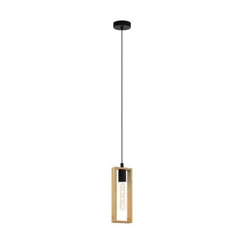 Eglo Pendant Lamp Littleton, 1-Light Vintage Pendant in Industrial Style, Retro Hanging Lamp Made of Steel and Wood, Colour: Black, Brown, Socket: E27
