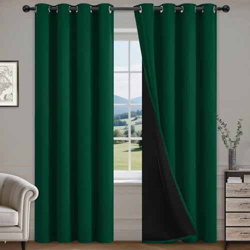 COSVIYA 100% Dark Green Blackout Curtains for Living Room 84 Inches Length - Room Darkening Light Blocking Drapes for Bedroom, Grommet Thermal Insulated Window Panels with Black Liner, W52xL84, 2 Panels