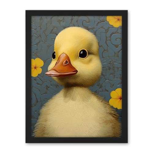 Artery8 Duckling with Flowers Oil Painting Kids Bedroom Baby Nursery Duck Artwork Framed Wall Art Print 18X24 Inch