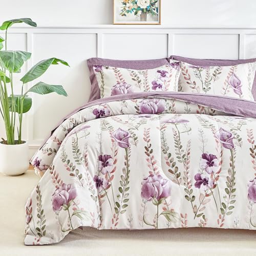 AIKASY Bed in a Bag 6-Piece Twin Comforter Set - Soft Microfiber Bedding with Elegant Floral, Lightweight and Breathable for All-Season (Regal Purple)