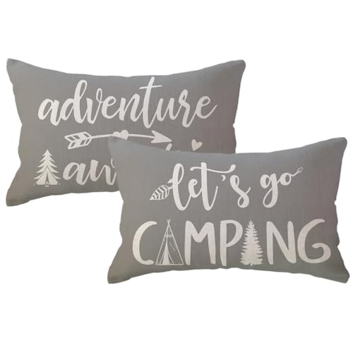 ULOVE LOVE YOURSELF Adventure Camper Decorative Lumbar Pillowcase Double-Sided Let???s Go Camping/Adventure Awaits Throw Pillow Covers Cabin/Camper Cushion Covers 12x20,2Pack for Sofa/Couch/Porch(Grey)