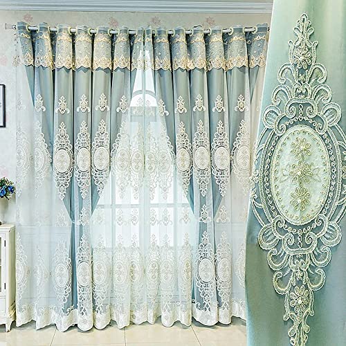 Amidoudou 1 Pair European Double Layer Curtains with Valances for Living Room Bedroom Luxury 3D Flower Embroidered Curtains (Green,52x95 Inch)