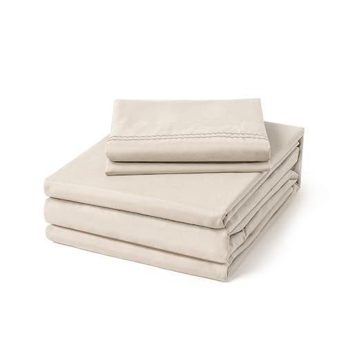 ClevaHome Twin Size Sheet Set - 4 Piece Soft Breathable Luxury Bed Sheet Set - Shrinkage & Fade Resistant Embroidered Bedding Sheet with Deep Pocket, 2 Extra Pillowcases (Twin, Oat Milk)