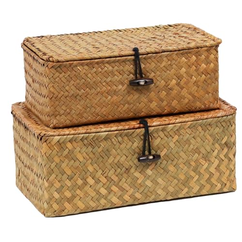 Set of 2 Wicker Basket with Lid, Seagrass Woven Basket for Storage, Decorative Storage Baskets Bins for Organizing Home