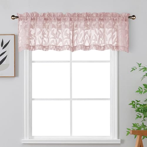 OWENIE Leyna 14 Inch Blush Pink Valance for Windows 2 PCS Sheer Curtains, Jacquard Leaves Textured Small Kitchen Valances Curtain for Living Room Bedroom, Modern Rod Pocket Drapes, 40Wx14L Inch
