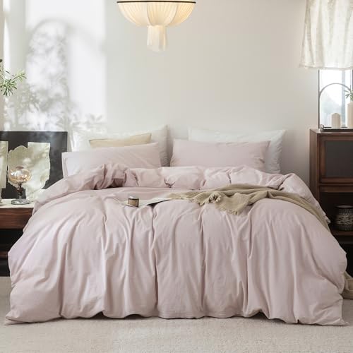 FOSSA Duvet Cover Set 100% Washed Cotton Linen Feel Oversized King Plus - Super Soft Breathable Lightweight & All Season Bedding Set with Hidden Zipper & 8 Corner Ties (Greyish Pink)