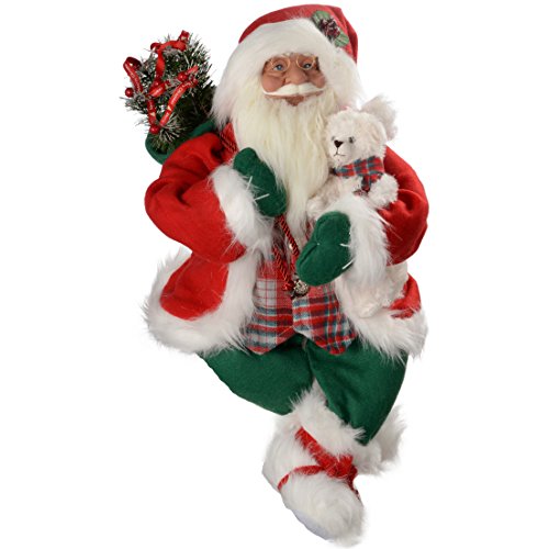WeRChristmas Sitting Santa Christmas Decoration with Gift Bag and Teddy Bear, 60 cm - Large