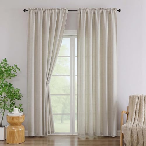 "Simplebrand Linen Linen Curtains 96 Inches Long 2 Panels, Faux Linen Textured Semi Light Filtering Farmhouse Curtains & Drapes, Soft Airy Slub Window Curtains for Living Room Bedroom, Each 52"" Wx96 L"