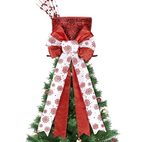 Poen Christmas Tree Topper Hat Shiny Sequins Top Hat with Bow Lengthened Ribbon Tree Topper Santa Christmas Decorations for Xmas Gift Ideas Holiday Winter Party Ornament Supplies(Red)