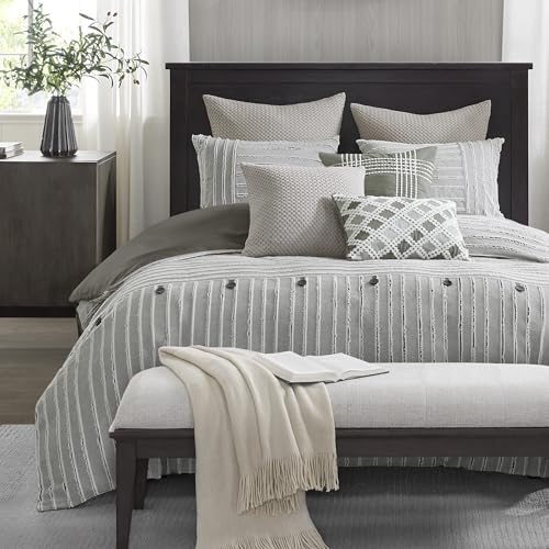 MADISON PARK SIGNATURE King Comforter Set, Removable 100% Cotton Duvet Cover King Size with Insert, Farmhouse Bedding, Textured Stripe Clipped Jacquard Accent, King, Grey 9 Piece