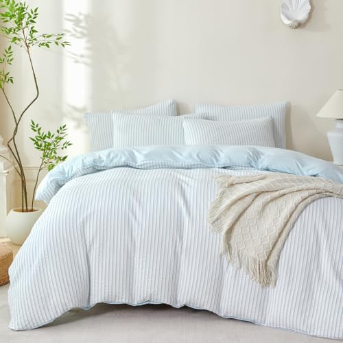 TISPLR Comforter Queen Set Light Blue Striped Soft Luxury Washed Microfiber Jacquard 3 Pieces Bedding, White Light Blue Vertical Ticking Stripes Comforter with 2 Pillowcases Breathable Durable Comfy