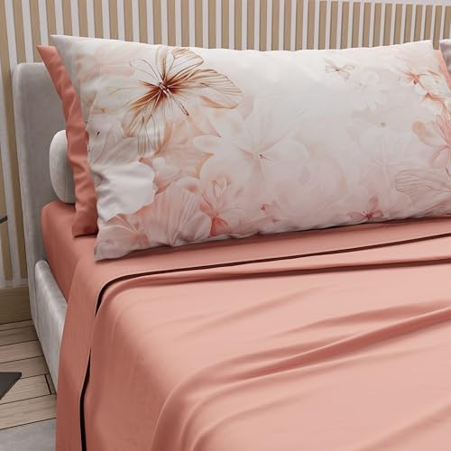 PETTI Artigiani Italiani - Cotton Sheets with Pillowcases in Digital Print, Double Sheet, 11 Salmon Floral Pattern Bedding Set, 100% Made in Italy