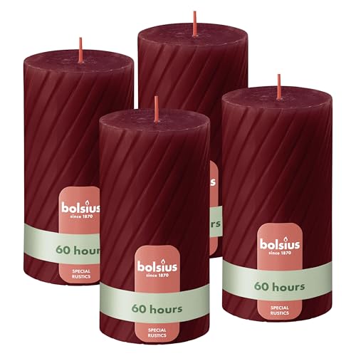 Bolsius Rustic Pillar Candles – Ribbed – Red – Set of 4 – 13 cm – Decorative Household Candles – Made with Natural Plant-Based Wax – Palm Oil Free