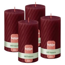 Bolsius Rustic Pillar Candles – Ribbed – Red – Set of 4 – 13 cm – Decorative Household Candles – Made with Natural Plant-Based Wax – Palm Oil Free