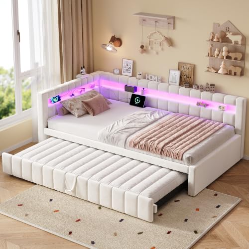 FAVSH 3ft Single Velvet Daybed,Upholstered Sofa Bed with Trundle,Sofa Bed W/RGB LED Lights and Charging Station,Pull out Trundle Bed for Apartment,Guest Room,Living Room,Beige(No Mattress)