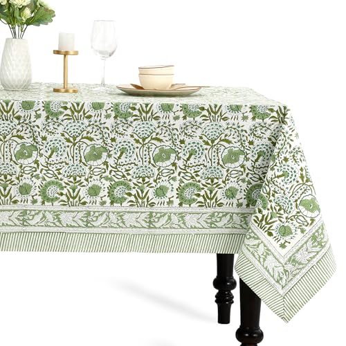 CPC - 100% Cotton Tablecloth Cover - Agate Green Indian Hand Block Printed - 4-Seater 60x60 Inch - Washable Reusable Rectangular Dining Cloth for Home, Restaurant, Hotel, Event & Everyday Use