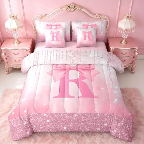 Feelyou Boys Girls Pink Bowknot Bed in A Bag Full Size, Personalized Initial R 7 Pieces Bedding Set Kids Princess Glitter Comforter Set with Sheets Bow Monogrammed Teens Bed Set Bedroom Decor 7Pcs