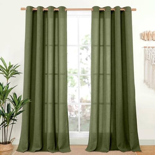 YoungsTex Olive Green Linen Curtains for Living Room with Grommet - 84 Inches Long Light Filtering Drapes with Grommet Textured for Dining Bedroom Window, 2 Panels, 52 X 84 Inch