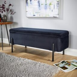 Home Source Velvet Fabric Storage Ottoman Blanket Box, Black Metal Legs, Black
