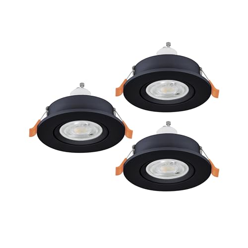 Eglo Set of 3 LED recessed spotlights Barranco, Ceiling Spots for Living Room, Adjustable Light fixtures Made of Black Plastic, Warm White, Including GU10 Bulbs
