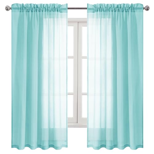 DWCN Aqua Sheer Curtains Semi Transparent Voile Rod Pocket Curtains for Bedroom and Living Room, 52 x 72 inches Long, Set of 2 Panels