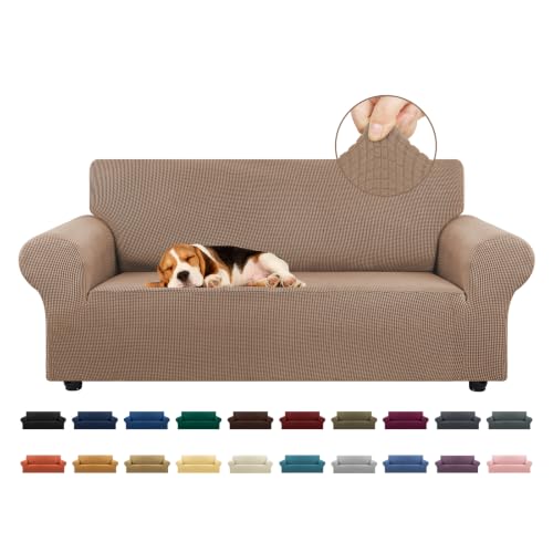 "KEKUOU Stretch Loveseat Sofa Cover Slipcover,Couch Covers for 2 Cushion Couch Sofa (55""-79"") Furniture Protector Sofa with Elastic Bottom for Kids,Dog. Jacquard Small Checked(Medium,Camel)"