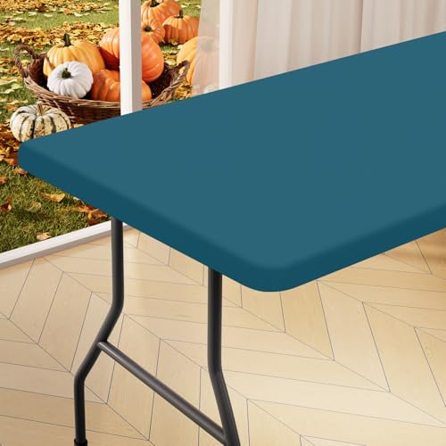 "homing Rectangle Table Cloth Cover, Water-Resistant Polyester Elastic Fitted Tablecloth, Fits for 5 Foot Folding Tables, Washable Table Protector for Picnic, Camping, Outdoor (Peacock Blue, 30"" x 60"")"