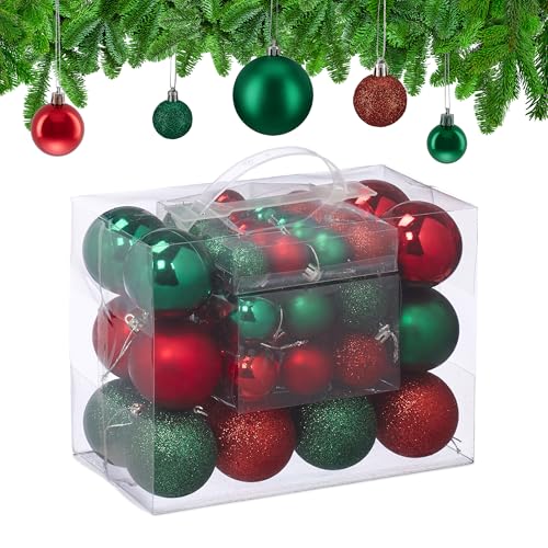 Relaxdays Christmas Baubles, Set of 50, Tree Ornaments, ∅ 3, 4 & 6 cm, Decorations, Glittery, Matte & Shiny, Red/Green