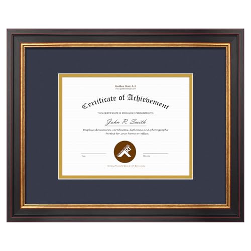 Golden State Art 11x14 Frame Navy Over Gold Double Mat For 7x9 Diploma - Real Glass, Black Gold & Burgundy Color Photo Frame, Fits 11x14, 7x9, Document, Certificate,Picture, Wall Mount Display